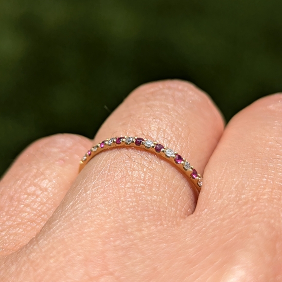 14k Yellow Gold Ruby and Diamond Dainty Band Ring - Picture 6 of 7